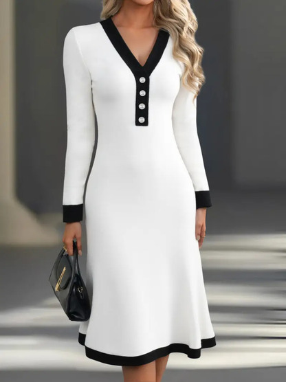 🌞🌷【50% zniżki🔥】【S-3XL】 Jesienno-zimowa sukienka damska, wzór z dekoltem w serek w blokach kolorów, stylowa i elegancka