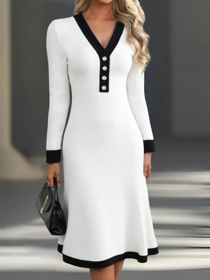 🌞🌷【50% zniżki🔥】【S-3XL】 Jesienno-zimowa sukienka damska, wzór z dekoltem w serek w blokach kolorów, stylowa i elegancka