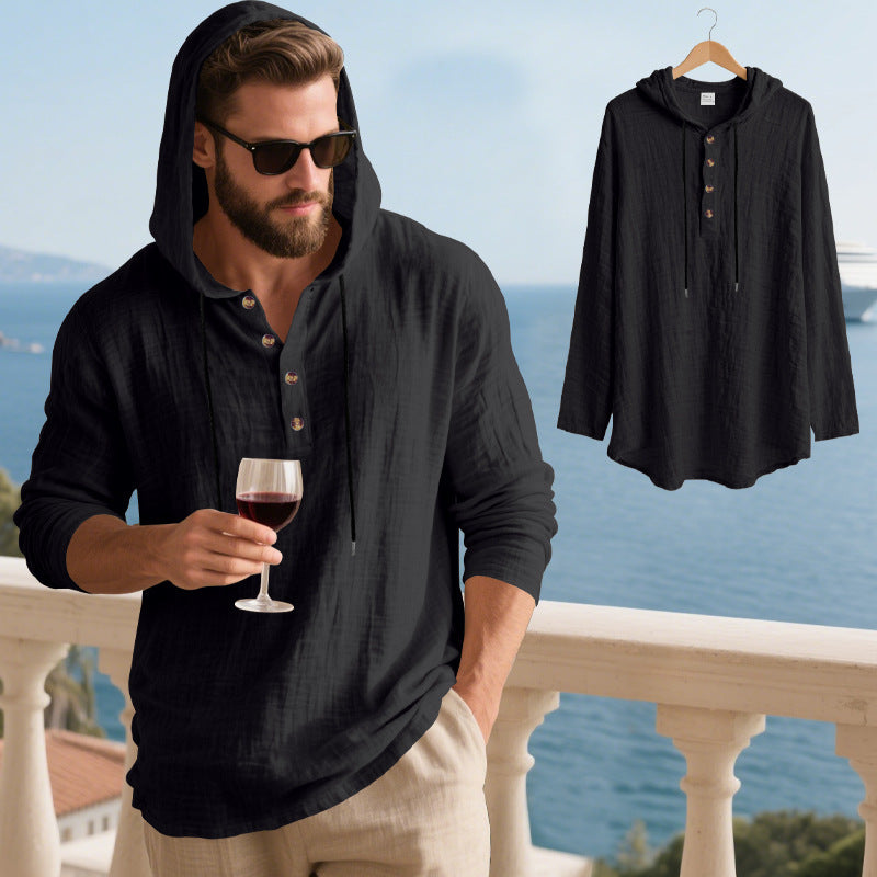 👔50% de descuento🏆【40-100kg】Camisa Henley de manga larga con capucha, transpirable y de lino para hombre, de corte holgado, ideal para la playa.✅Pago contra entrega