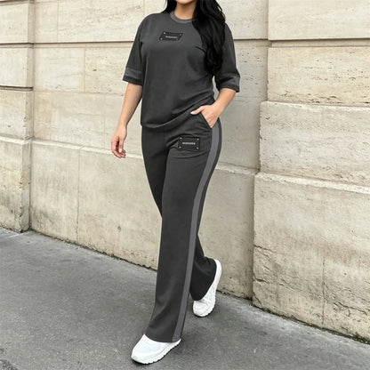 🔥🔥【Top + Pantalones】hándal de verano de 2 piezas para mujer, camiseta informal con raya en contraste y pantalón deportivo largo, material fino, transpirable y fresco.✅️Pago contra entrega