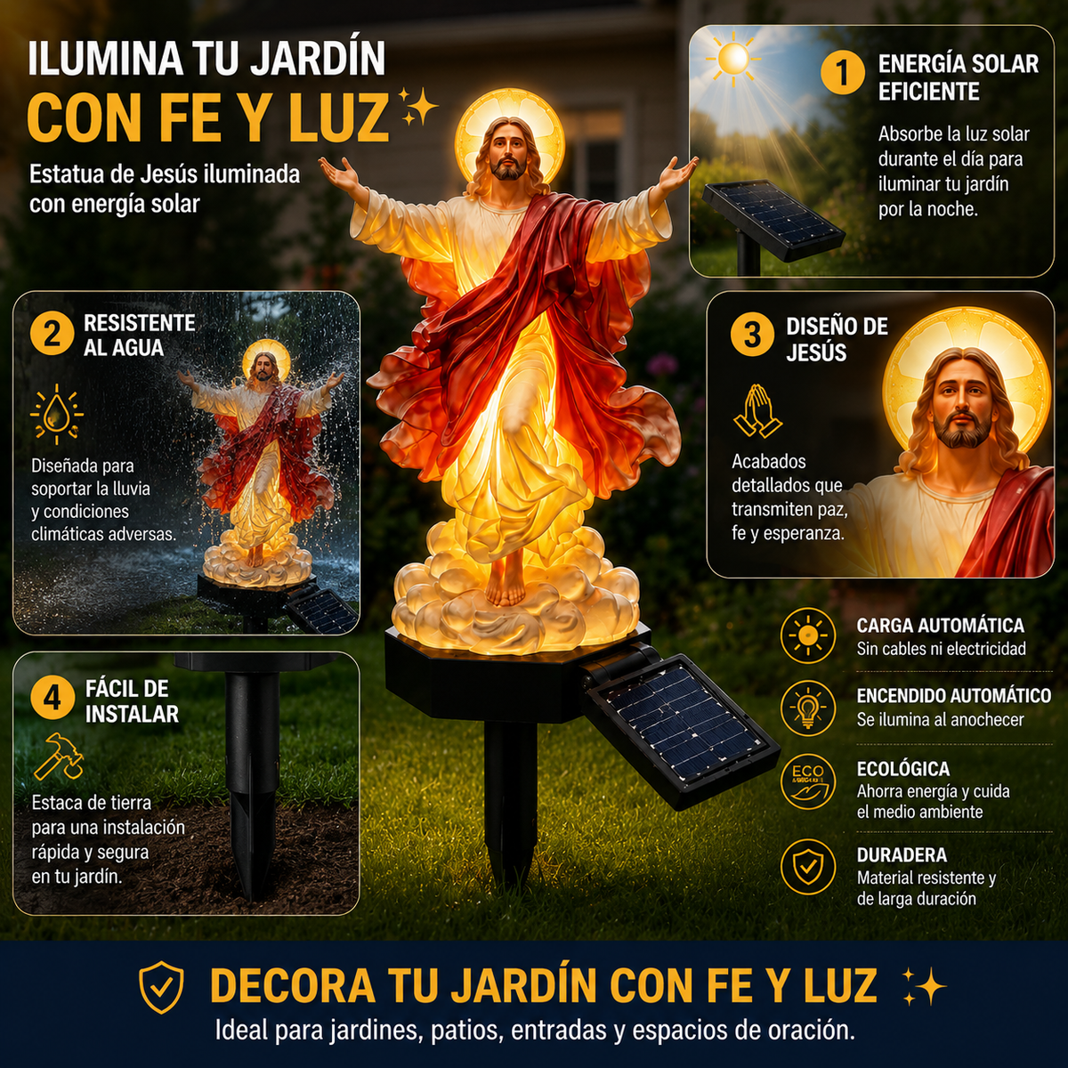 🔥 Estatua de jardín de Jesús iluminada con energía solar