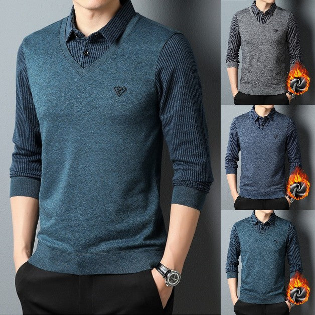 💥🔥【M-4XL】Есенно-зимна мъжка поло тениска с яка и дълъг ръкав Мъжка поло тениска от две части за средна възраст и възрастни