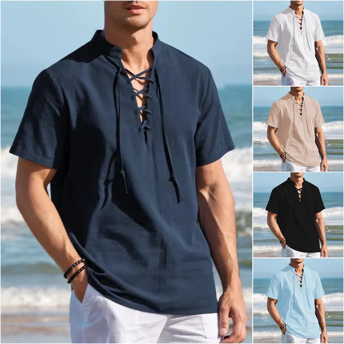 👔 50% de descuento 🔥 Camisa Henley de algodón y lino para hombre, talla grande, con cuello en V y lazos ✅️ Pago contra entrega