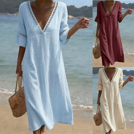 💥【50% off en nuevos productos!!】🌸Vestido mujer 2026 primavera verano, algodón y lino, cuello V con encaje✅Pago al recibir