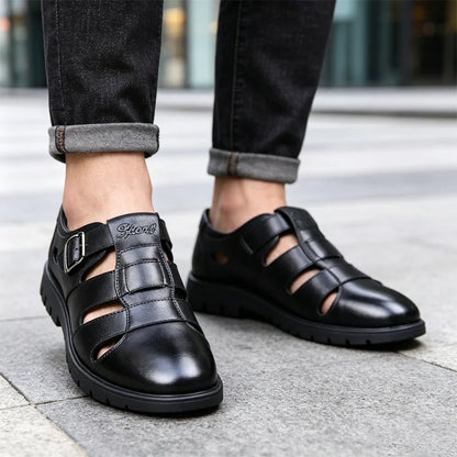 🔥【¡Ahora al precio más bajo!】🔥👞 Sandalias masculinas de cuero auténtico con perforaciones｜Transpirables, cómodas y con acabado premium