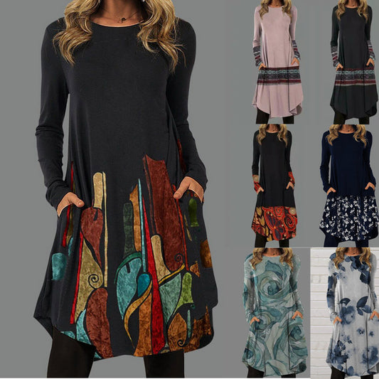 🍃🔥【S-5XL】2025 Wiosna Nowa Elegancka Swobodna Retro Etniczna Stylowa Drukowana Sukienka