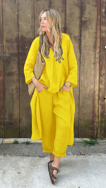 ✨✨【Top + Pantalones】Conjunto de camisa de algodón y lino de talla grande con pantalón holgado para mujer. ✅️Pago contra entrega
