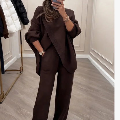 🔥💟 【Plaćanje pouzećem】【40-110 KG】🔥 Ženski dvodijelni set - asimetrični pulover + hlače širokih nogavica, široki kroj, mekana tkanina, super udobne👚 👖Besplatna dostava✨