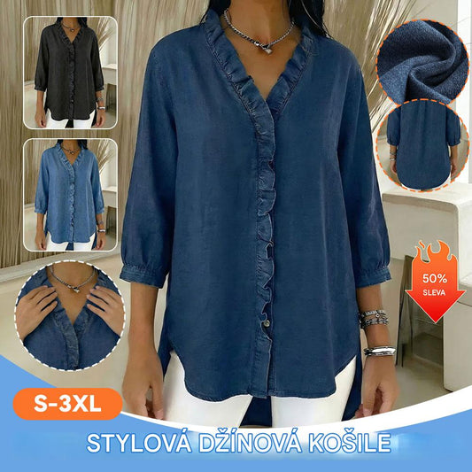 【S-3XL】Dámská ležérní džínová košile s výstřihem do V a volánky