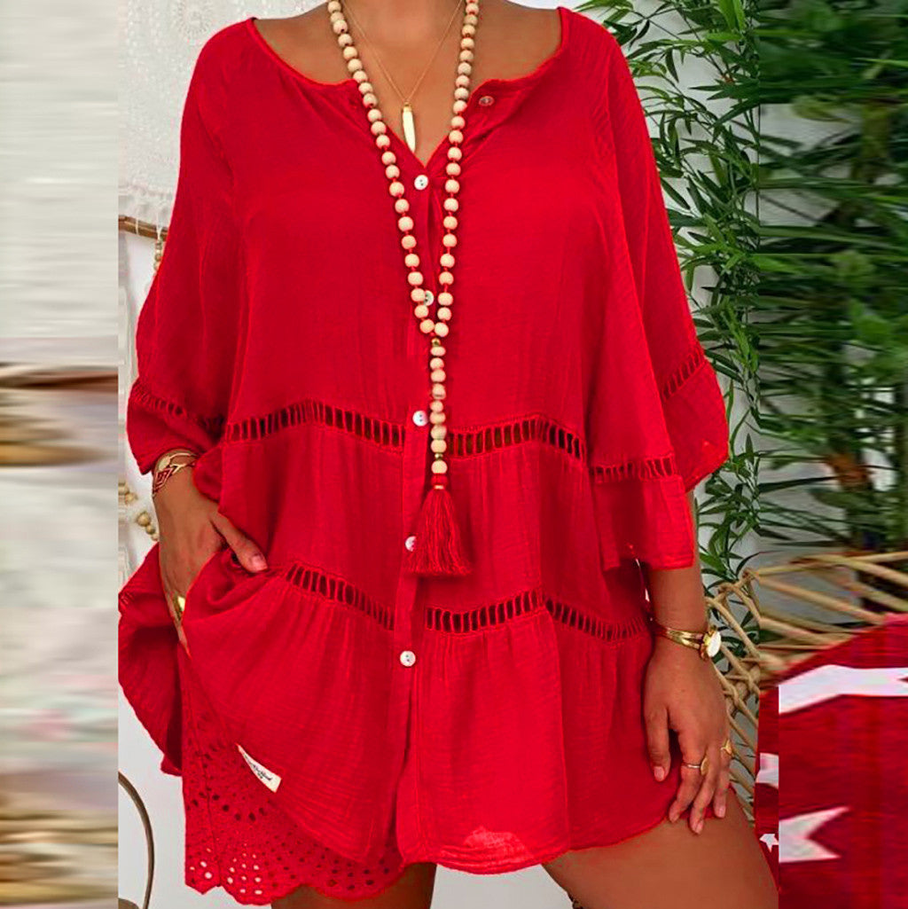 [S-5XL]Blusa de mujer en algodón y lino con un diseño holgado de cuello en V.