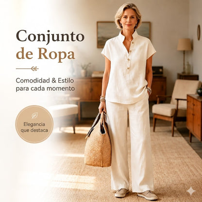 ✨💕【Nueva llegada de verano🔥】 Traje de lino y algodón para mujer: top de manga corta y pantalón de pierna ancha, casual y elegante.