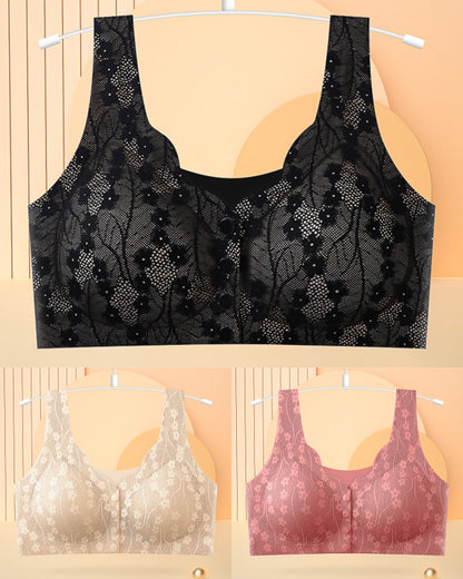 😍✨【3 sztuk】【40-100KG】Damski, bezprzewodowy, koronkowy biustonosz zapinany z przodu