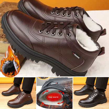 🔥Oferta ograniczona czasowo🔥【39-44】 Zimowe, ciepłe męskie skórzane buty z grubą podeszwą-3775357