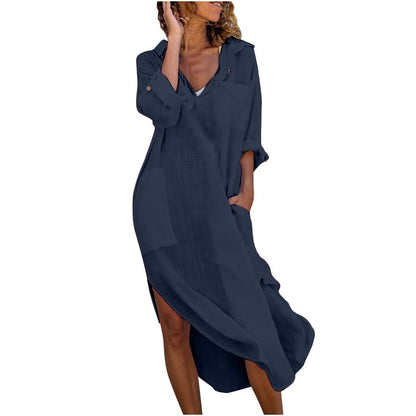 🎉💃【40-100 kg】Vestido camisero de algodón y lino liso para mujer, vestido camisero largo con abertura y botones ✅️Pago contra entrega
