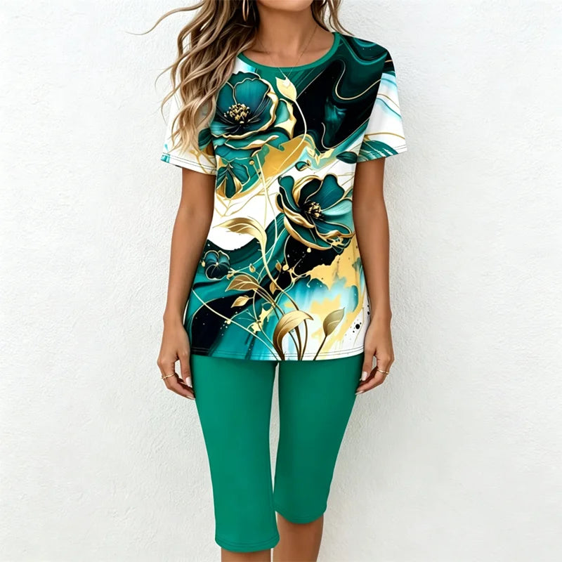 🎁【Camiseta + pantalones】Conjunto informal de dos piezas para mujer con estampado de mármol, confeccionado en tejido suave, transpirable y elástico.✅️Pago contra entrega
