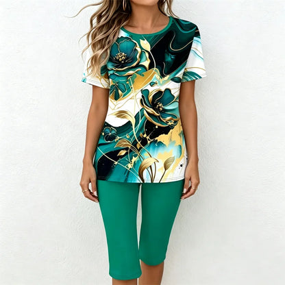 🎁【Camiseta + pantalones】Conjunto informal de dos piezas para mujer con estampado de mármol, confeccionado en tejido suave, transpirable y elástico.✅️Pago contra entrega