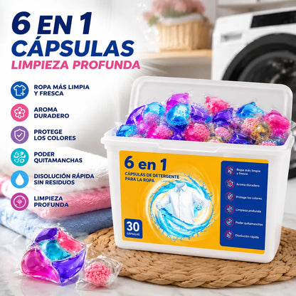 ✨【60 piezas】✨👚Cubo extra grande Las perlas perfumadas para ropa 6 en 1 eliminan manchas y dejan fragancia, eliminan ácaros y bacterias