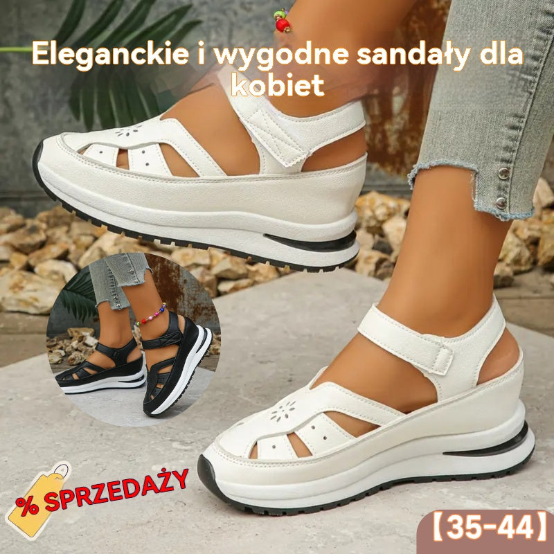 💗💗【Wysokiej jakości skóra】✨Damskie sandały na grubej podeszwie, wydrążone i oddychające, z zapięciem na rzep