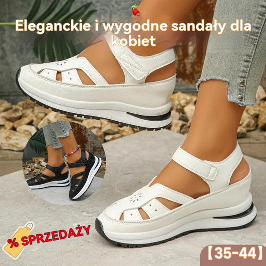 💗💗【Wysokiej jakości skóra】✨Damskie sandały na grubej podeszwie, wydrążone i oddychające, z zapięciem na rzep