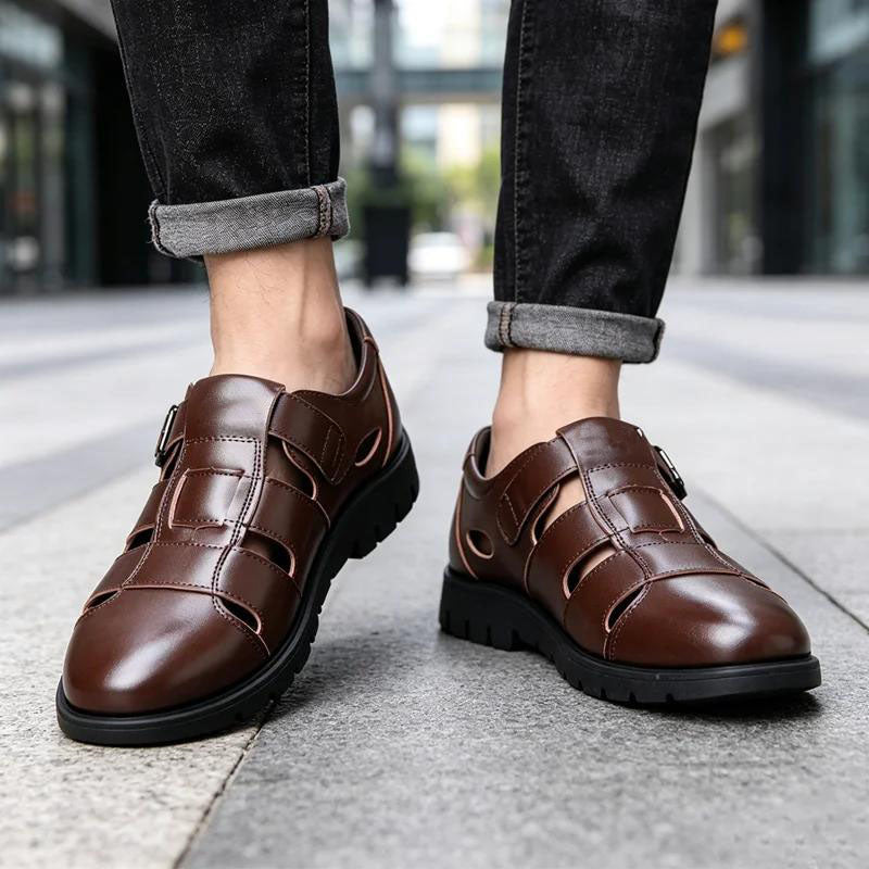 🔥【¡Ahora al precio más bajo!】🔥👞 Sandalias masculinas de cuero auténtico con perforaciones｜Transpirables, cómodas y con acabado premium