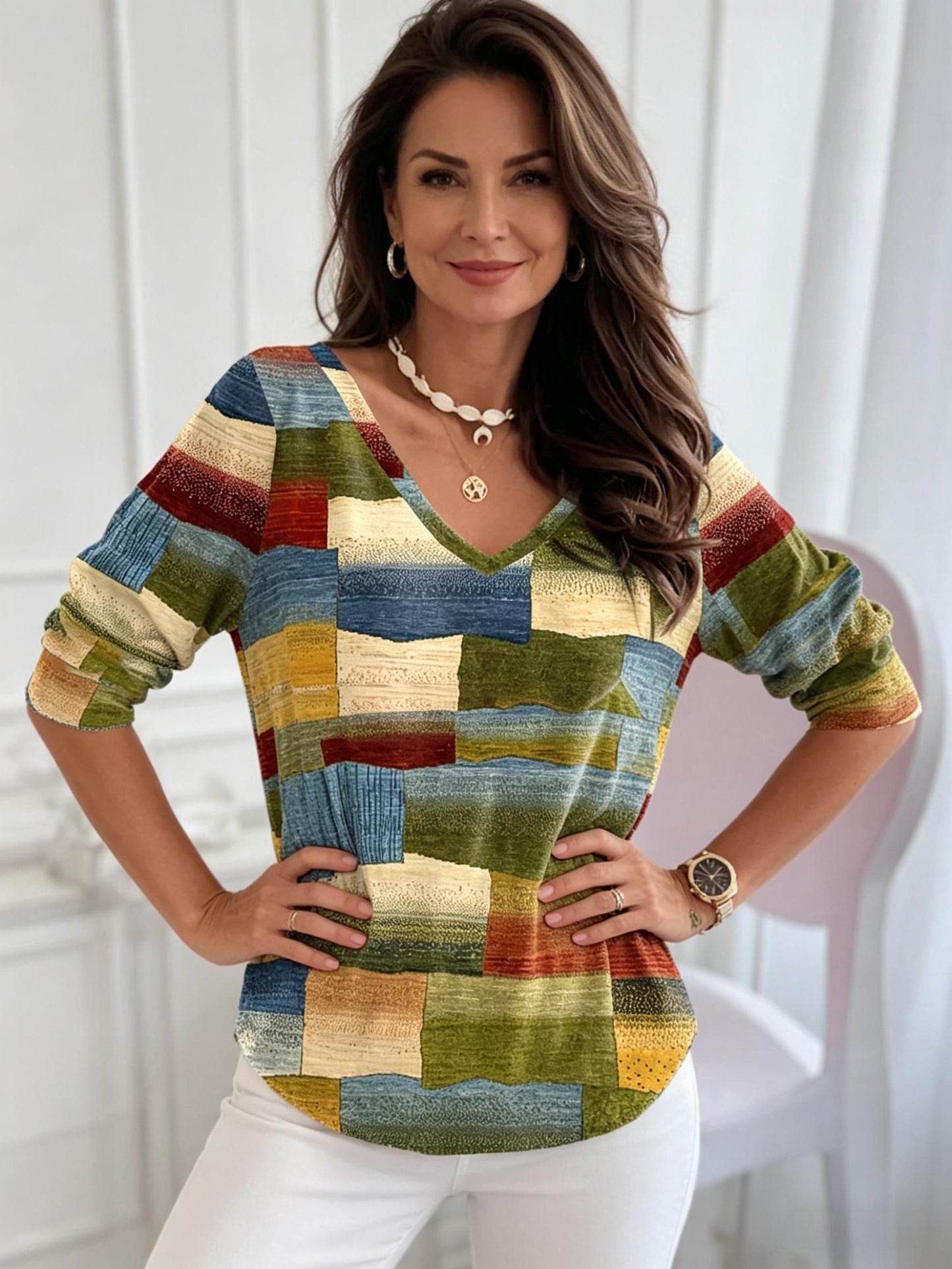 🔥🌷【S-5XL】Nueva blusa estampada con cuello en V para mujer – Tejido cómodo y transpirable