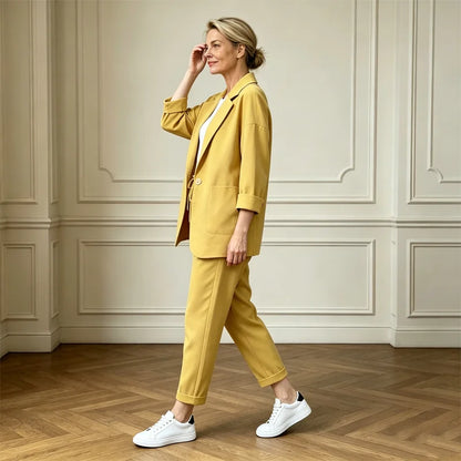 Elegancki letni komplet z lnu i bawełny – przewiewny materiał zapewniający maksymalny komfort!