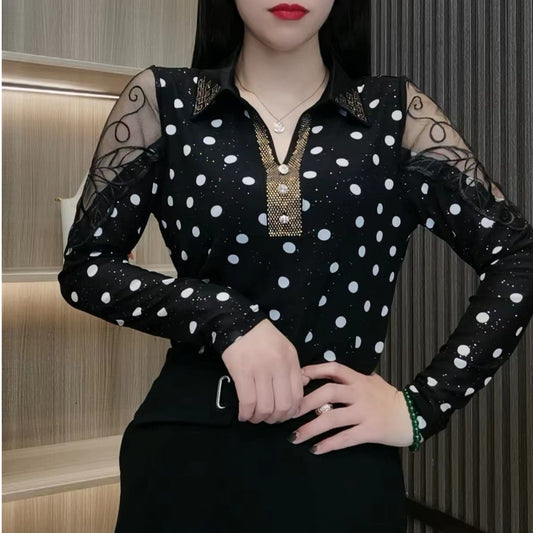 😍【M-4XL】2025 Nowa moda w kropki – damska koszulka z diamentami3900172