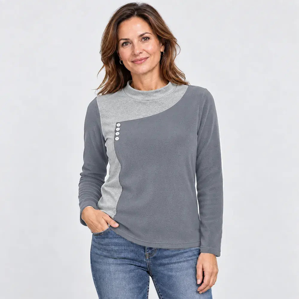 ✨【M – 3XL / 4 farieb】Blúzka v štýle color-block so stojačikom a ozdobnými gombíkmi (ľahký hrejivý flís)