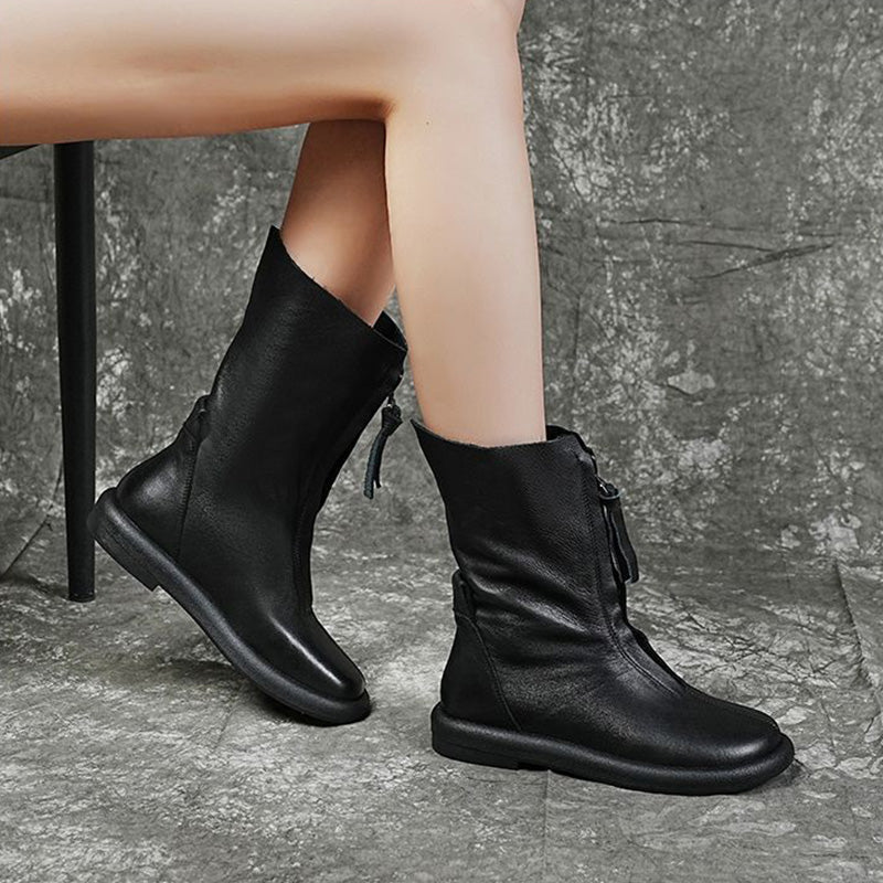 🔥【35-40】2024 Nowe zimowe retro damskie wygodne oryginalne skórzane miękkie buty do połowy łydki-3811567
