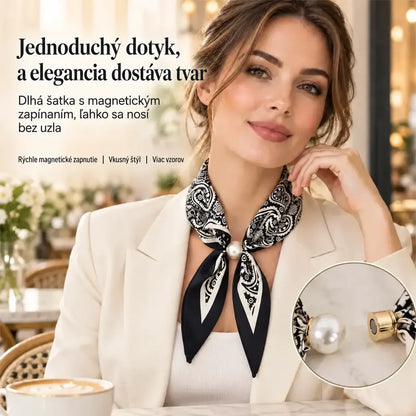 🧣✨ Dámska hodvábna šatka s perlami a magnetickým zapínaním | Elegantná, bez uzlov | Rôzne potlače 🎀