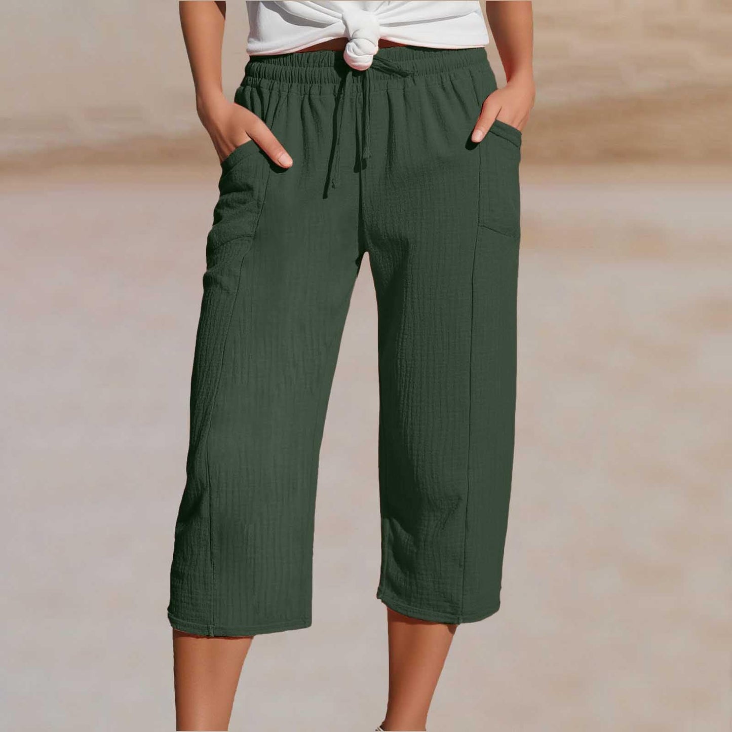 🔥✨【50% zniżki】Nowe letnie damskie spodnie capri z plisami, wykonane z bawełny i lnu, w jednolitym kolorze