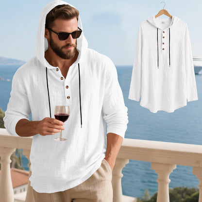 👔50% de descuento🏆【40-100kg】Camisa Henley de manga larga con capucha, transpirable y de lino para hombre, de corte holgado, ideal para la playa.✅Pago contra entrega