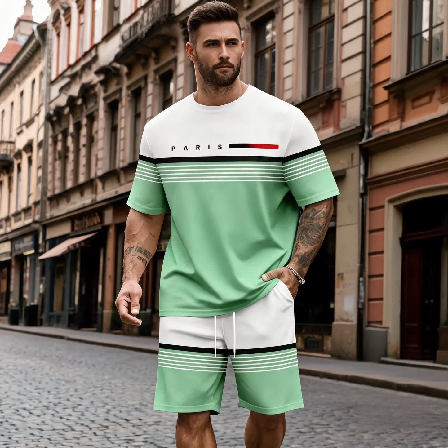😍Pago contra entrega✅️【S-5XL】Conjunto informal y cómodo de camisa de manga corta y pantalón corto con estampado de letras para hombre.