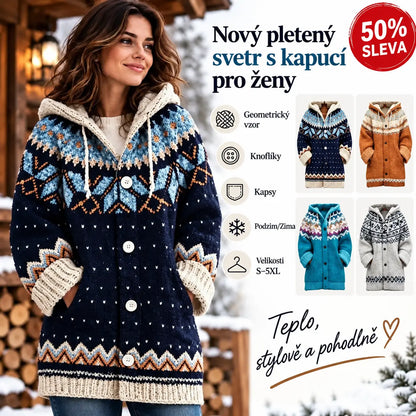 ⭐ Zľava 50% 🔥 ✨ Nový dámsky pletený kardigan s geometrickým vzorom a kapucňou