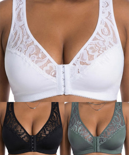 🔥👙【Conjunto de 3 piezas】【L-4XL】Sujetador push-up de encaje de tallas grandes, cierre frontal para poner y quitar fácilmente.