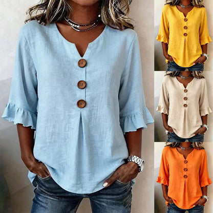 🔥【S-3XL】 Nueva camisa de mujer con cuello en V y volantes, mezcla de algodón y lino, cierre de botones: simple y elegante.