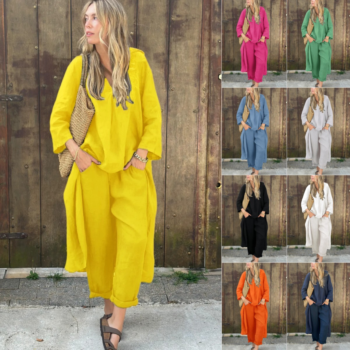 ✨✨【Top + Pantalones】Conjunto de camisa de algodón y lino de talla grande con pantalón holgado para mujer. ✅️Pago contra entrega