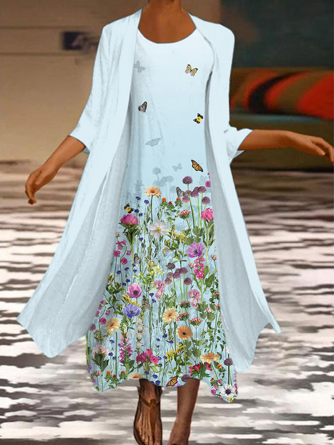 🌻 Descuento -50% 🔥🔥【40-120 kg】Nuevo vestido de mujer con estampado floral, vestido de dos piezas con escote redondo ✅Pago contra entrega