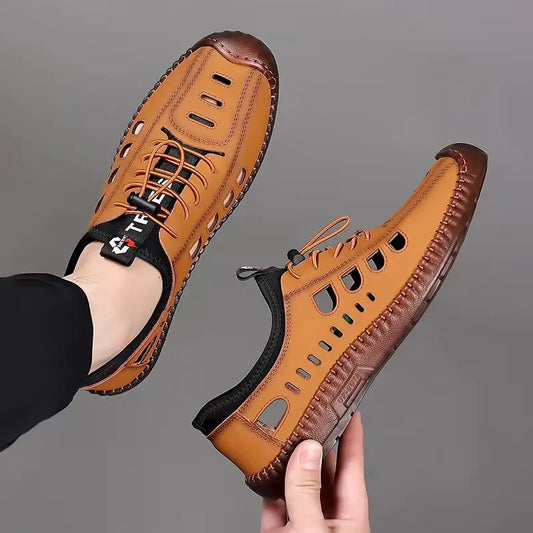 Ograniczona ilość【Rozmiary 39-44】Męskie buty codzienne z wydrążoną, oddychającą i antypoślizgową cholewką z prawdziwej skóry