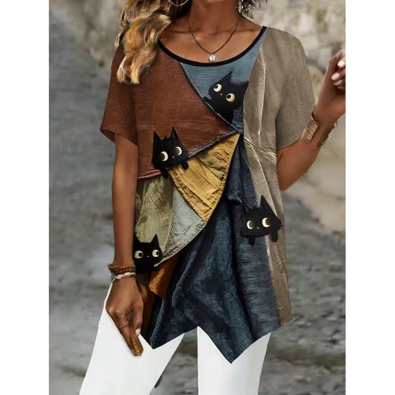 💎【S-5XL】Blusa de manga corta con estampado retro y bajo asimétrico.✅️Pago contra entrega