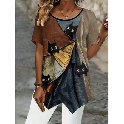 💎【S-5XL】Blusa de manga corta con estampado retro y bajo asimétrico.✅️Pago contra entrega