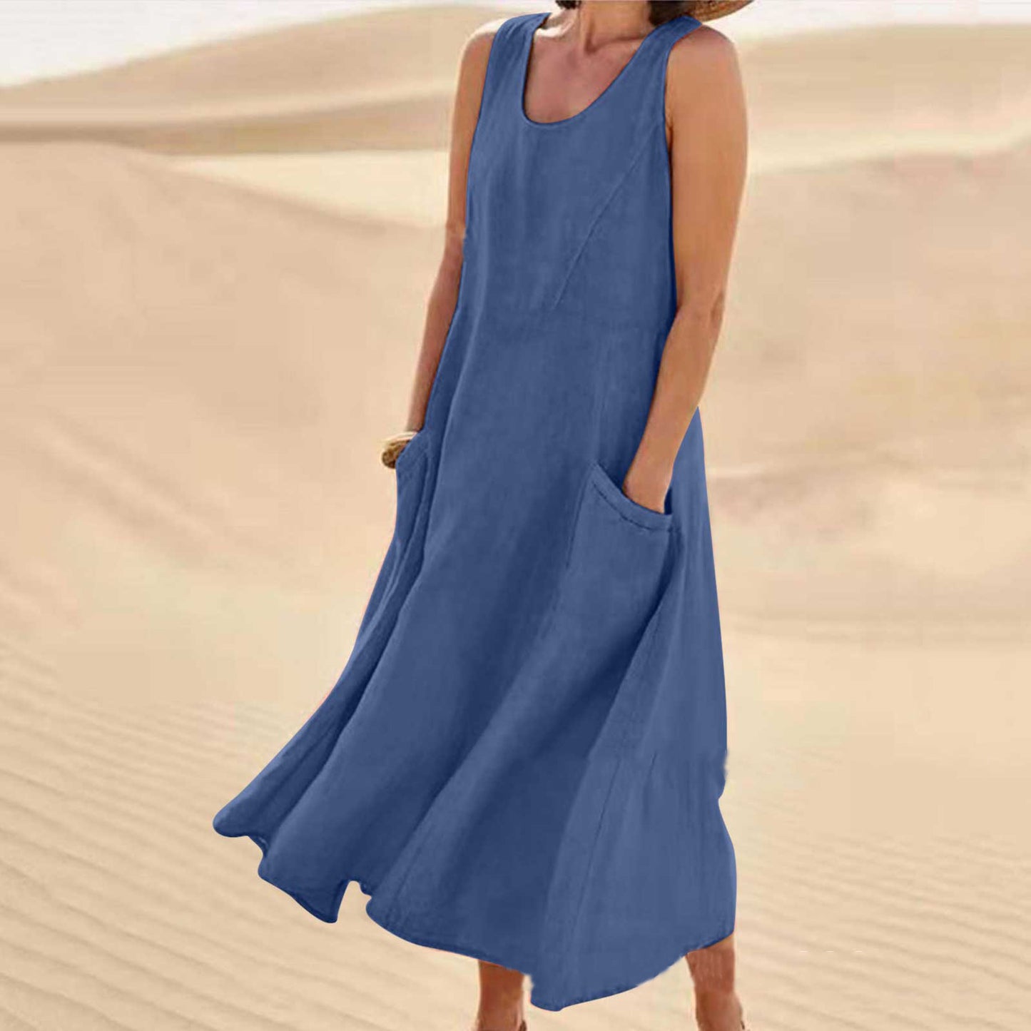 🌈👗【S-5XL】Lato 2025, nowa, elegancka, jednokolorowa sukienka bez rękawów z okrągłym dekoltem, wykonana z bawełny i lnu.