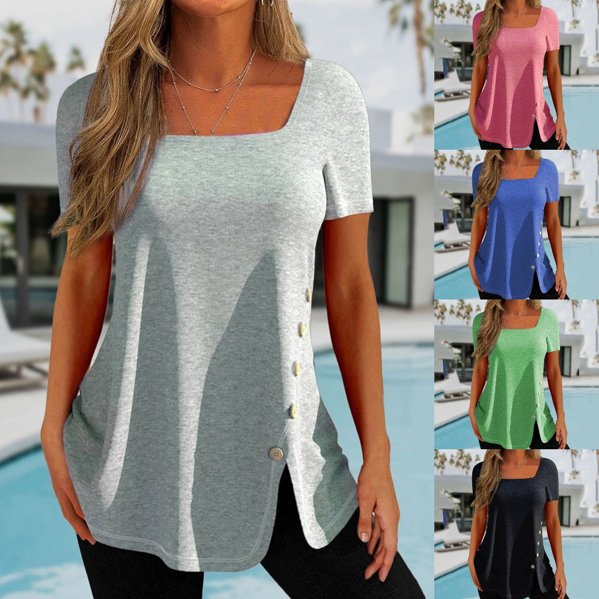 💕✨【S-5XL】2025 Wiosna i Lato Nowy Styl, Modny i Swobodny Jednolity Kolor Rozcięcie Krótki Rękaw Top