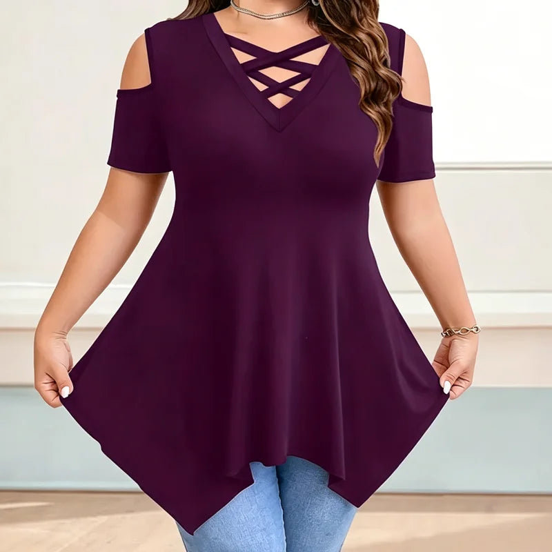 👚【S-5XL】Camiseta moderna con escote en V cruzado y hombros descubiertos