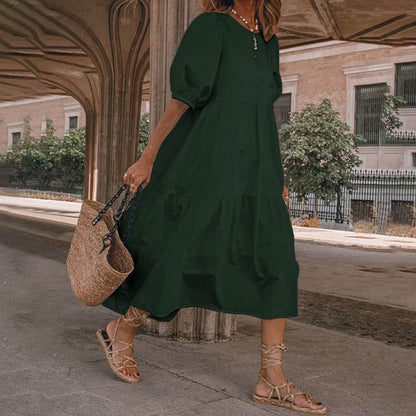 Nowość【S-5XL】Damska sukienka letnia w stylu boho z naturalnej bawełny i lnu, sukienka retro z okrągłym dekoltem