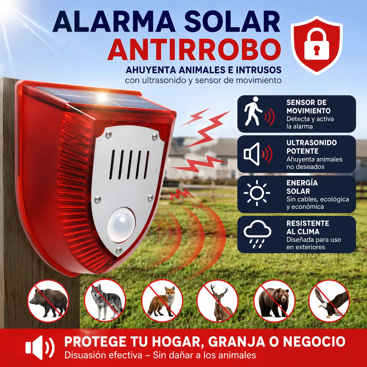 🔥🚨Alarma solar, luz de alarma antirrobo con sensor de cuerpo humano, repelente de animales ultrasónico