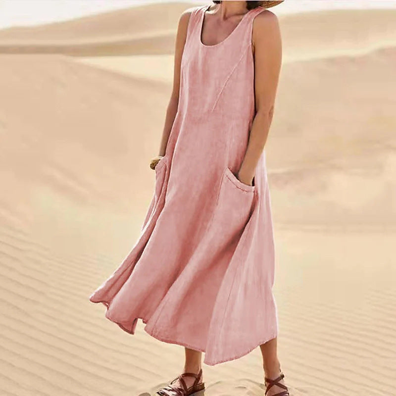 🌈👗【S-5XL】Lato 2025, nowa, elegancka, jednokolorowa sukienka bez rękawów z okrągłym dekoltem, wykonana z bawełny i lnu.