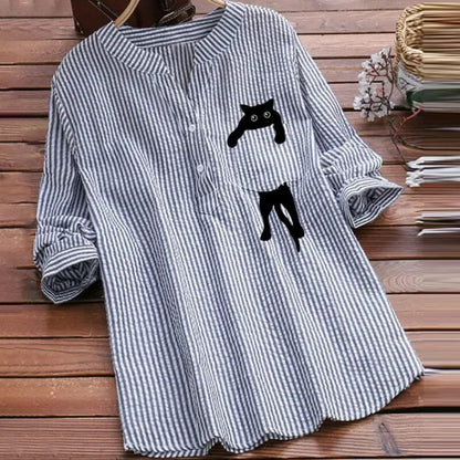 ✨🌿【Wiosenna nowość🔥】【S-3XL】2025 Wiosna Nowa moda Koci nadruk Długi rękaw Bawełniana koszula z dekoltem w serek