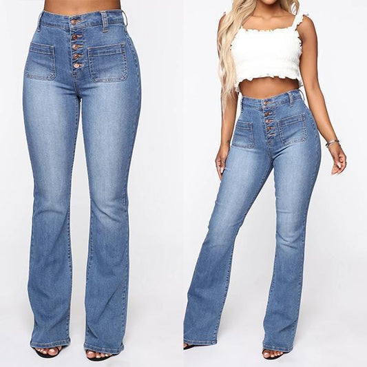 🔥🔥【S-4XL】2024 Modne damskie jeansy rozkloszowane z wysokim stanem-3736155