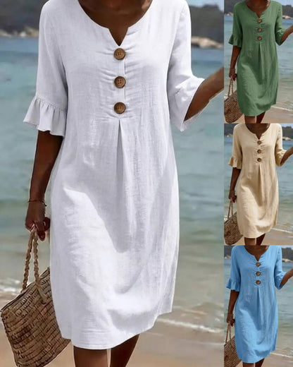 【S-3XL】Vestido de mujer de algodón y lino con mangas abullonadas y botones-E